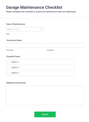 Garage Maintenance Checklist Form Template