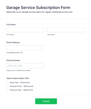 Garage Service Subscription Form Template