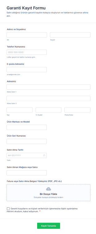 Garanti Kayıt Form Template