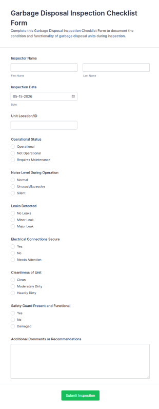 Garbage Disposal Inspection Checklist Form Template