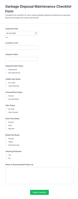 Garbage Disposal Maintenance Checklist Form Template