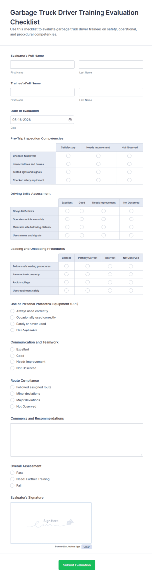 Garbage Truck Driver Training Evaluation Checklist Form Template