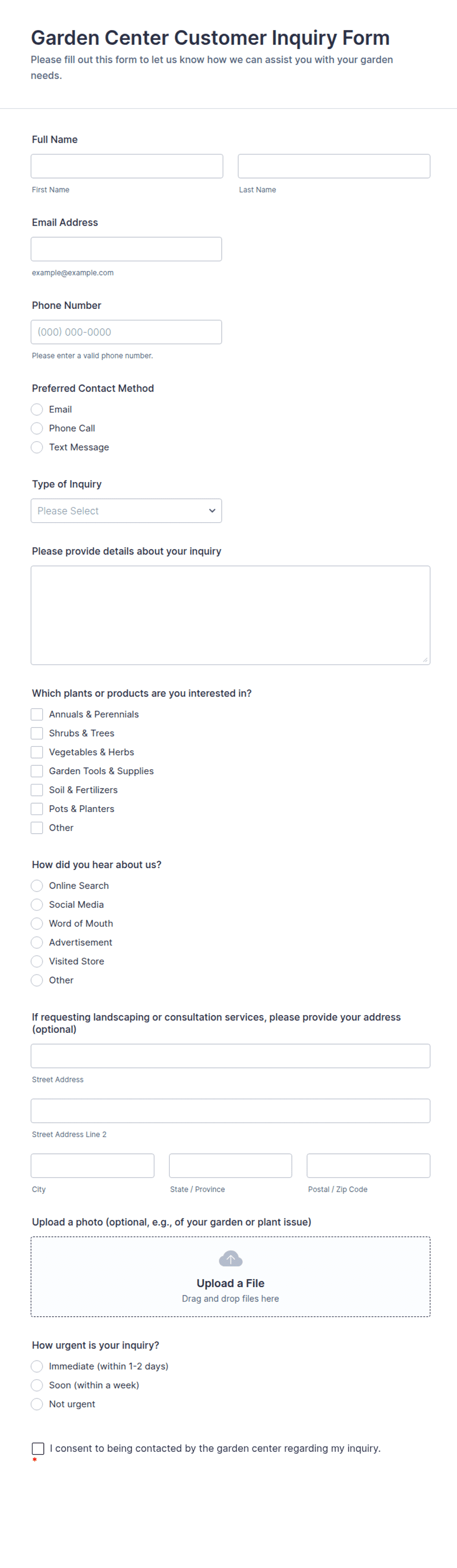 Garden Center Customer Inquiry Form Template | Jotform
