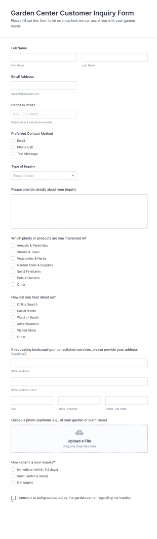 Garden Center Customer Inquiry Form Template