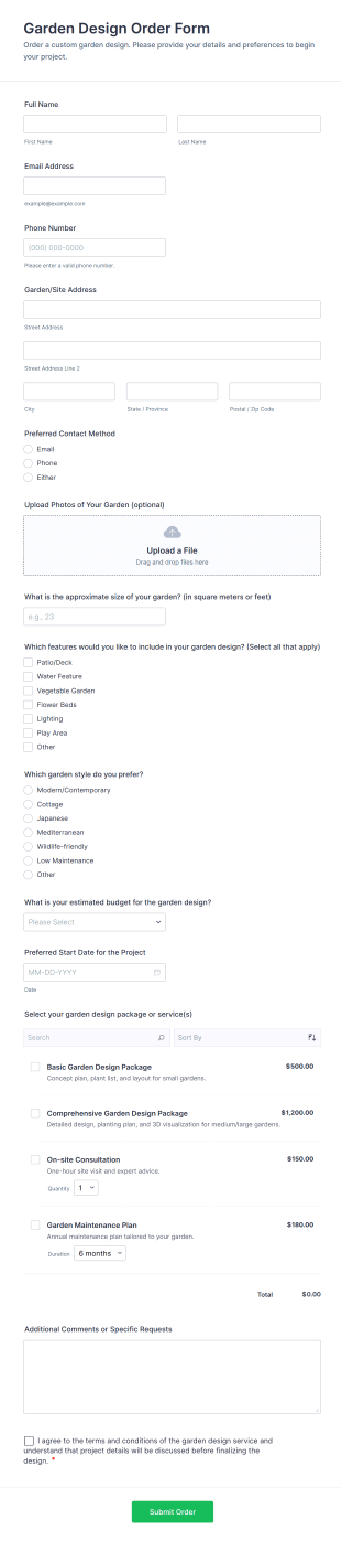 Garden Design Order Form Template