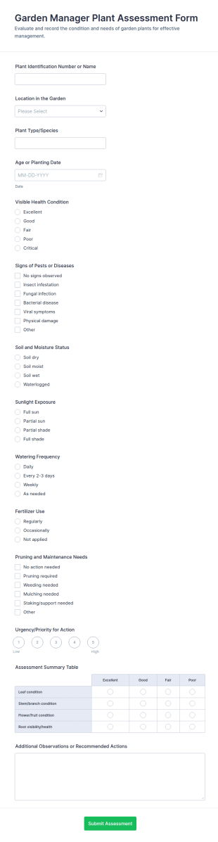 Garden Manager Plant Assessment Form Template