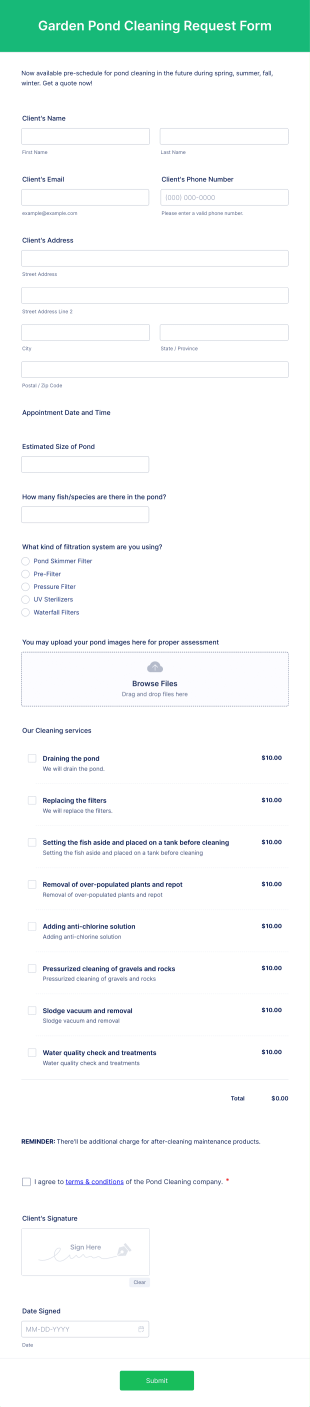 Garden Pond Cleaning Request Form Template