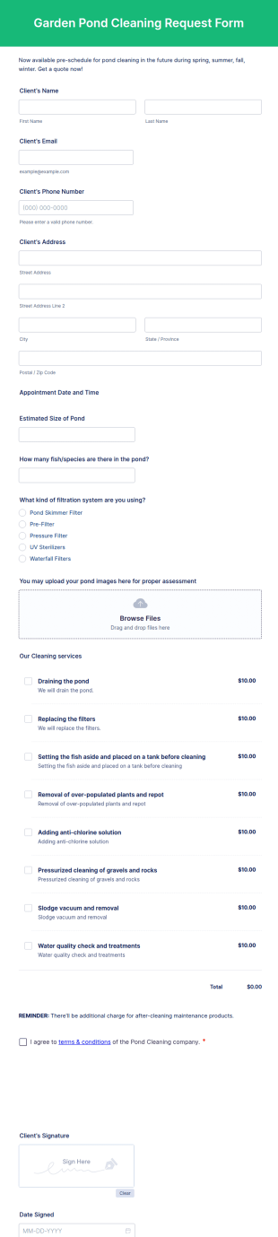 Garden Pond Cleaning Request Form Template