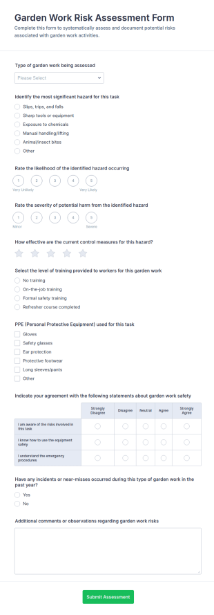 Garden Work Risk Assessment Form Template