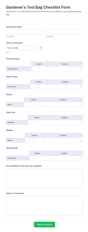 Gardener's Tool Bag Checklist Form Template