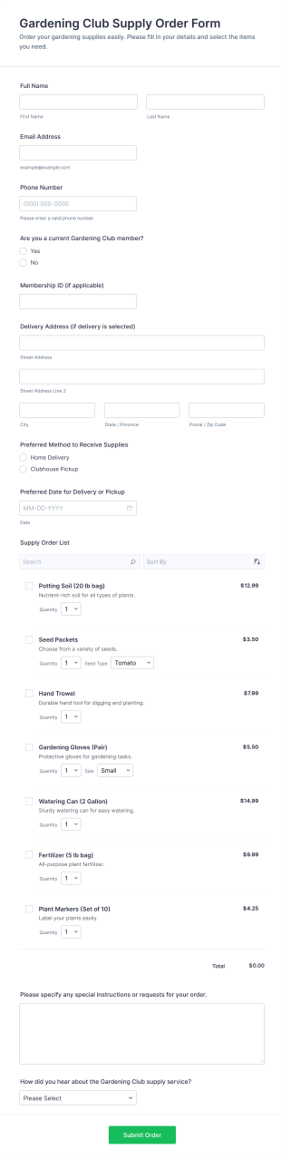 Gardening Club Supply Order Form Template