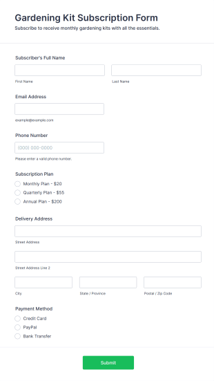 Gardening Kit Subscription Form Template