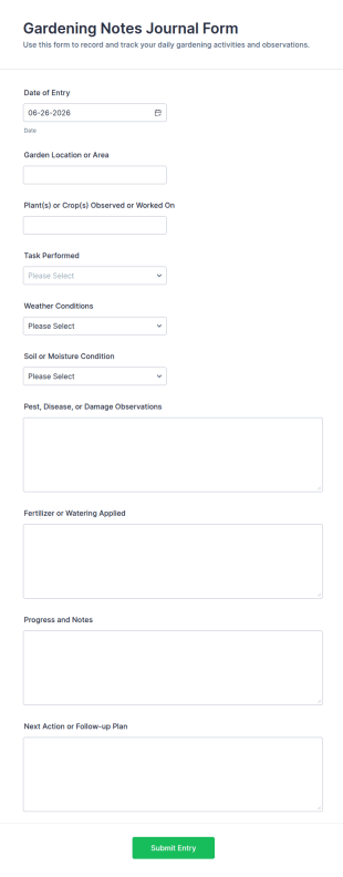 Gardening Notes Journal Form Template