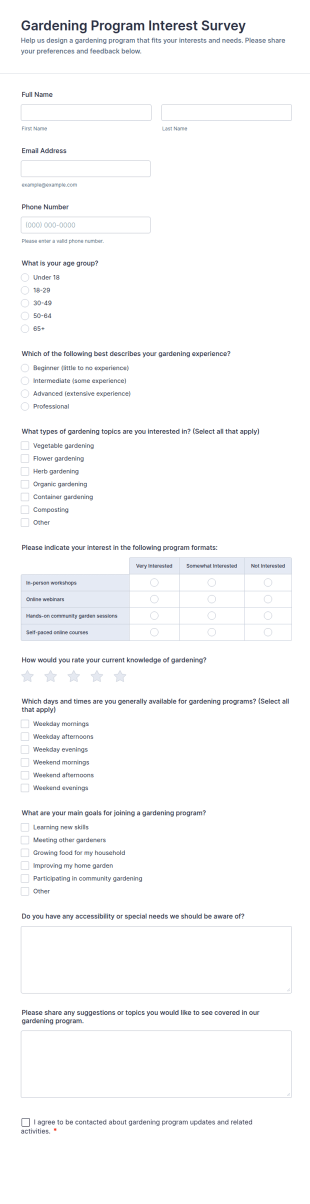 Gardening Program Interest Survey Form Template