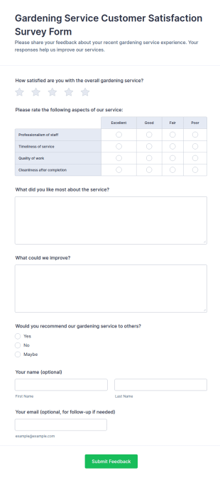 Gardening Service Customer Satisfaction Survey Form Template