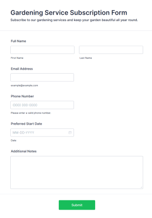 Gardening Service Subscription Form Template