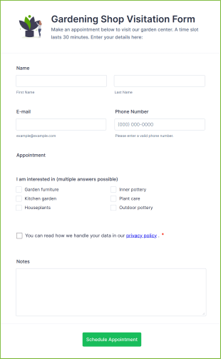 Gardening Shop Visitation Form Template