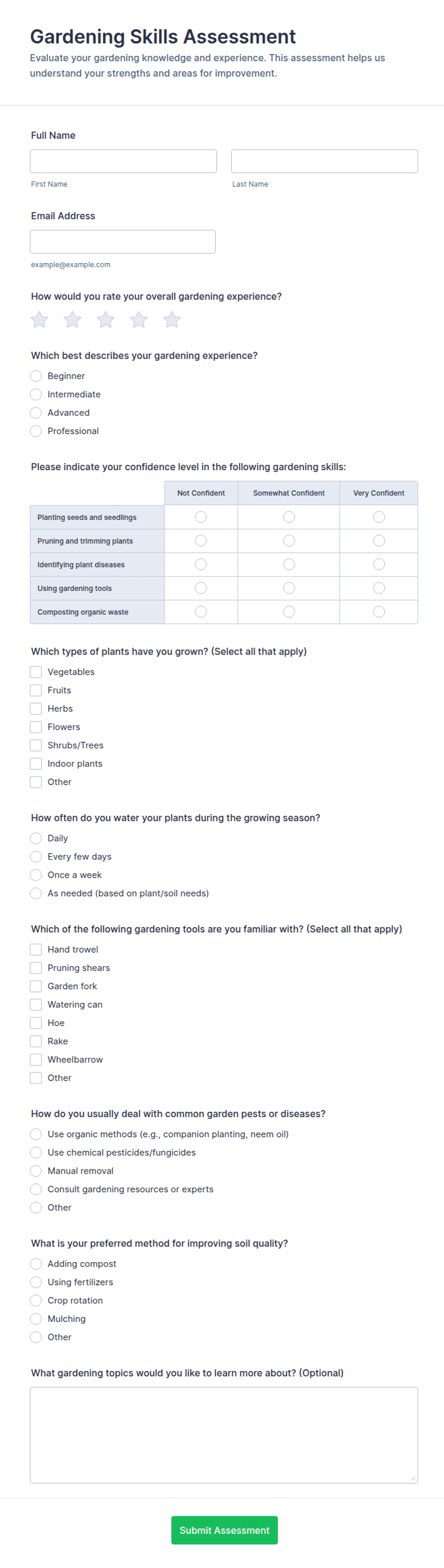 Gardening Skills Assessment Form Template | Jotform