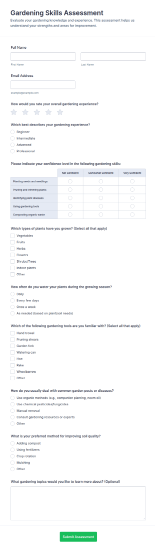 Gardening Skills Assessment Form Template