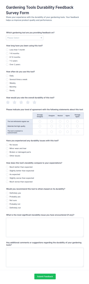 Gardening Tools Durability Feedback Survey Form Template