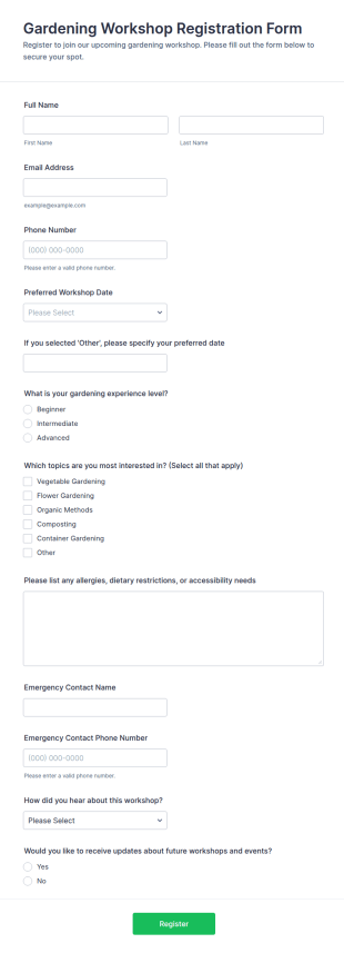 Gardening Workshop Registration Form Template