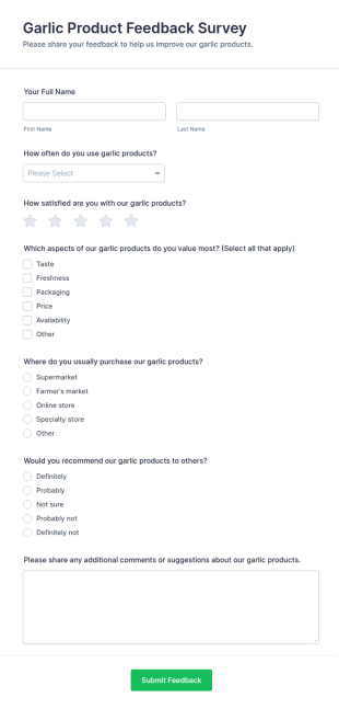 Garlic Product Feedback Survey Form Template