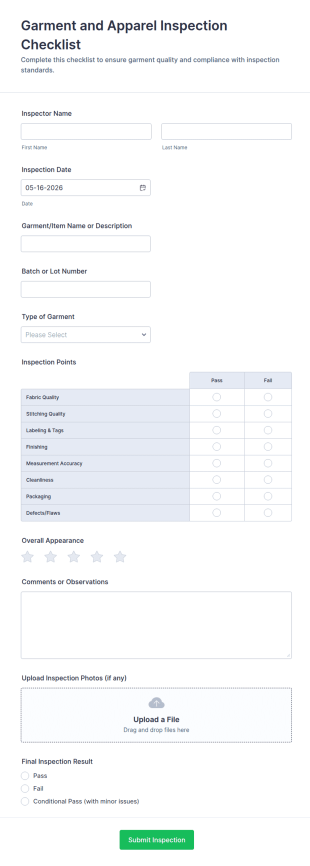 Garment And Apparel Inspection Checklist Form Template