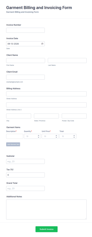 Garment Billing And Invoicing Form Template