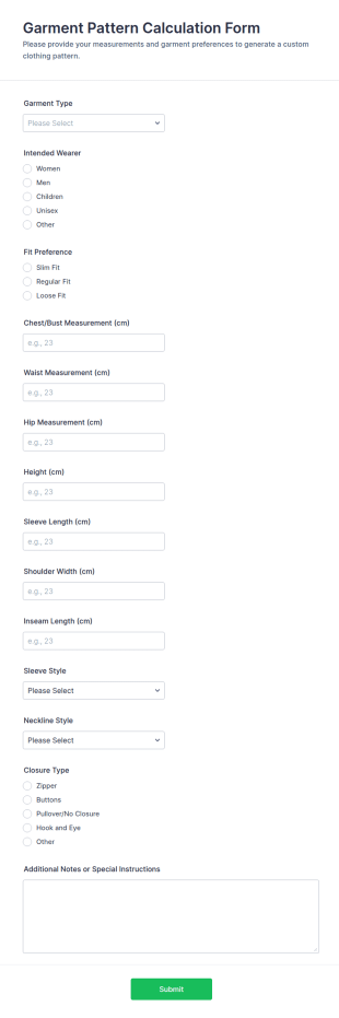 Garment Pattern Calculation Form Template