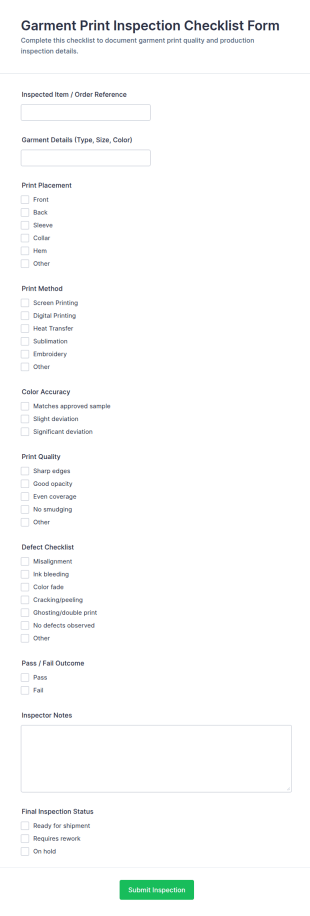 Garment Print Inspection Checklist Form Template