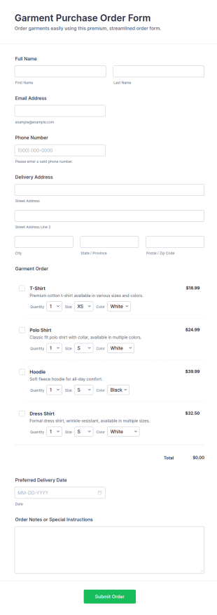 Garment Purchase Order Form Template
