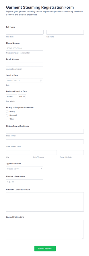 Garment Steaming Registration Form Template