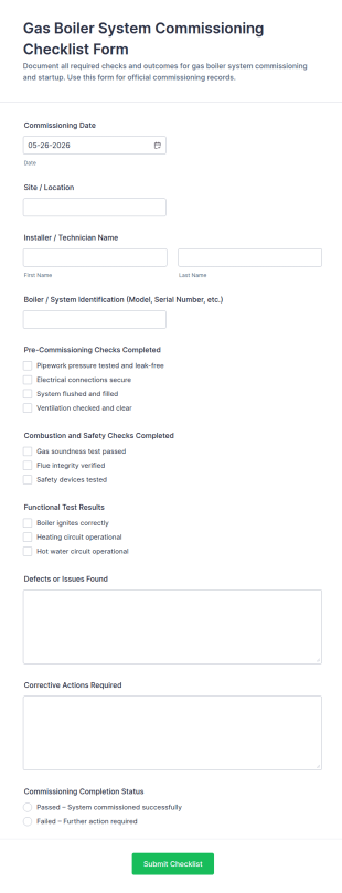 Gas Boiler System Commissioning Checklist Form Template