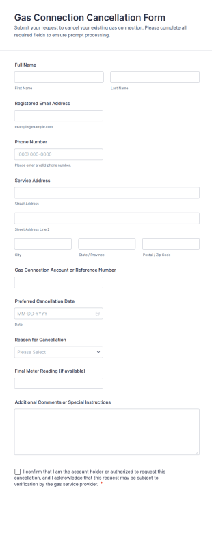 Gas Connection Cancellation Form Template