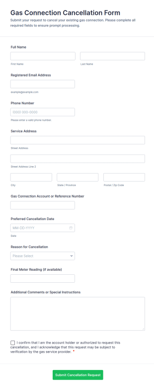 Gas Connection Cancellation Form Template