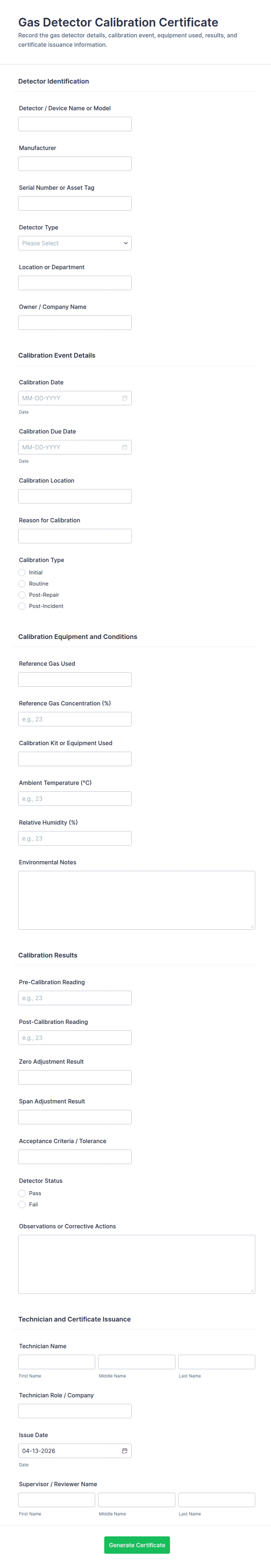 Gas Detector Calibration Certificate Form Template | Jotform
