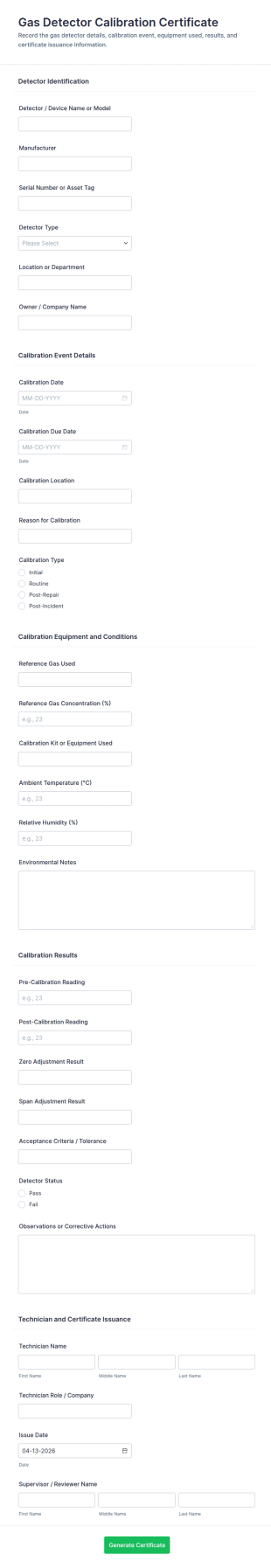 Gas Detector Calibration Certificate Form Template