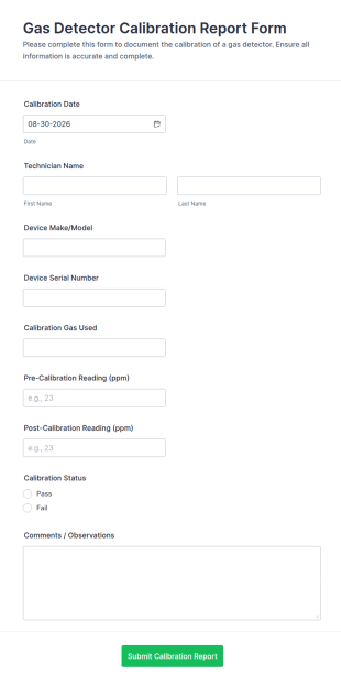 Gas Detector Calibration Report Form Template