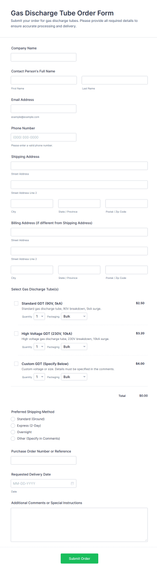 Gas Discharge Tube Order Form Template
