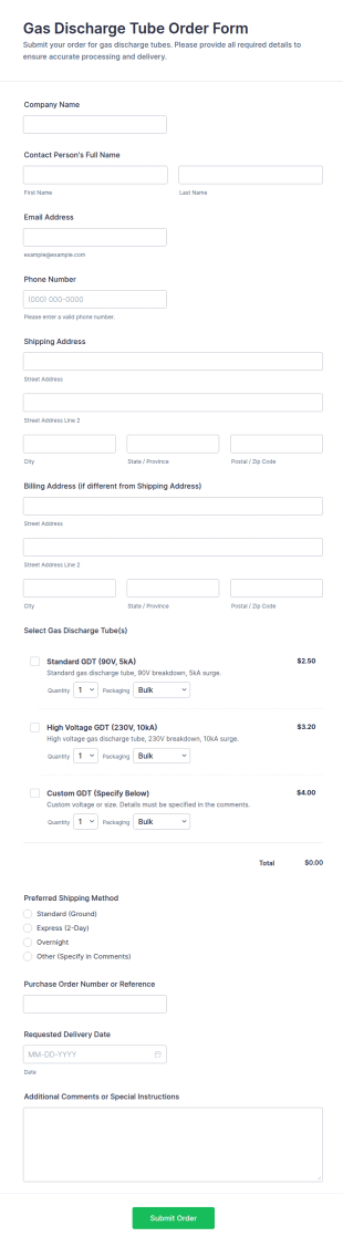 Gas Discharge Tube Order Form Template