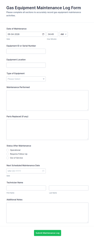 Gas Equipment Maintenance Log Form Template