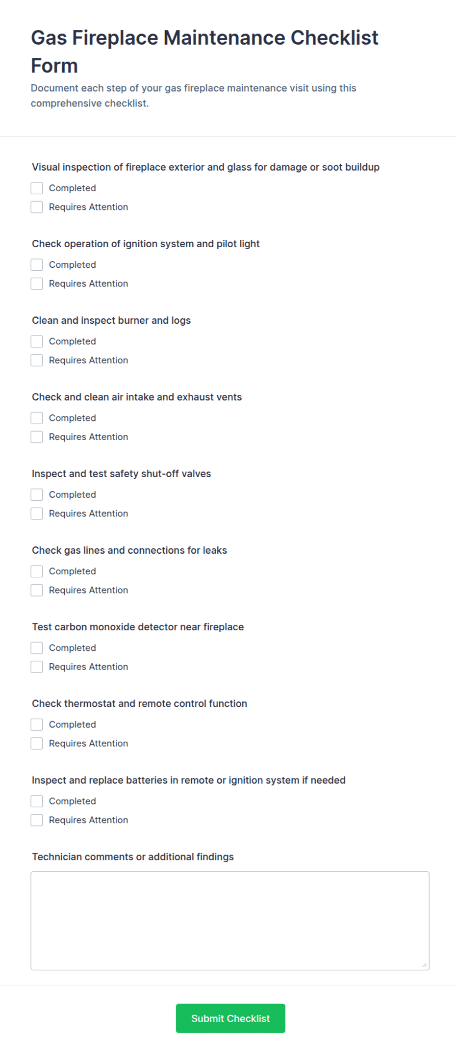 Gas Fireplace Maintenance Checklist Form Template | Jotform
