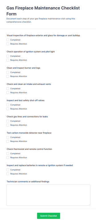 Gas Fireplace Maintenance Checklist Form Template