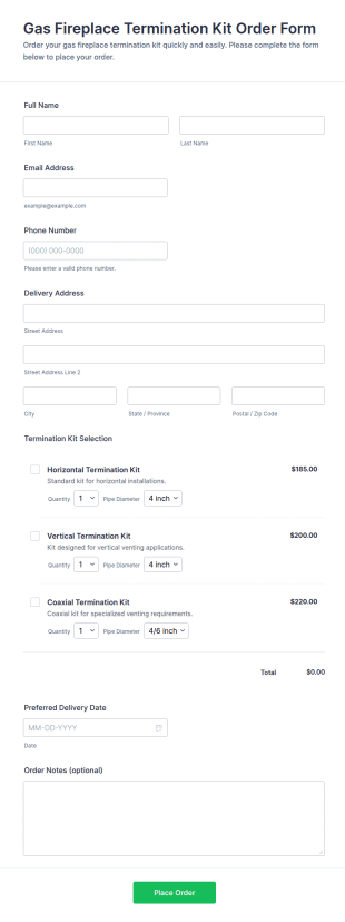 Gas Fireplace Termination Kit Order Form Template