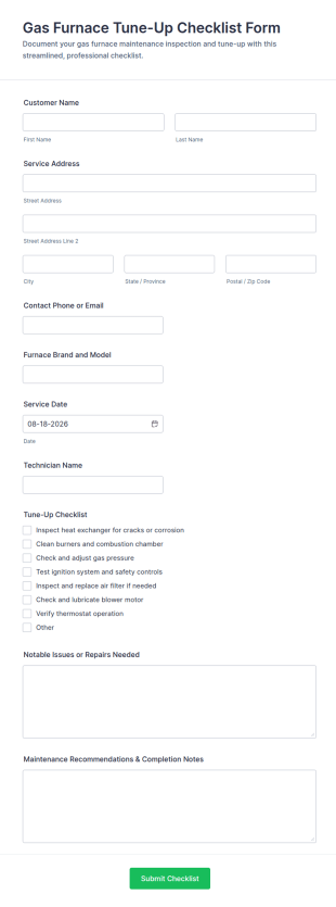 Gas Furnace Tune Up Checklist Form Template