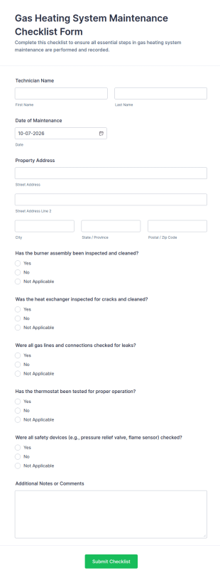 Gas Heating System Maintenance Checklist Form Template