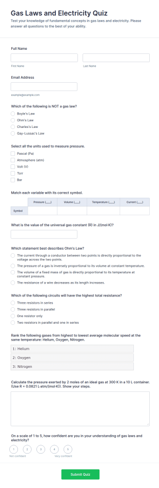 Gas Laws And Electricity Quiz Form Template