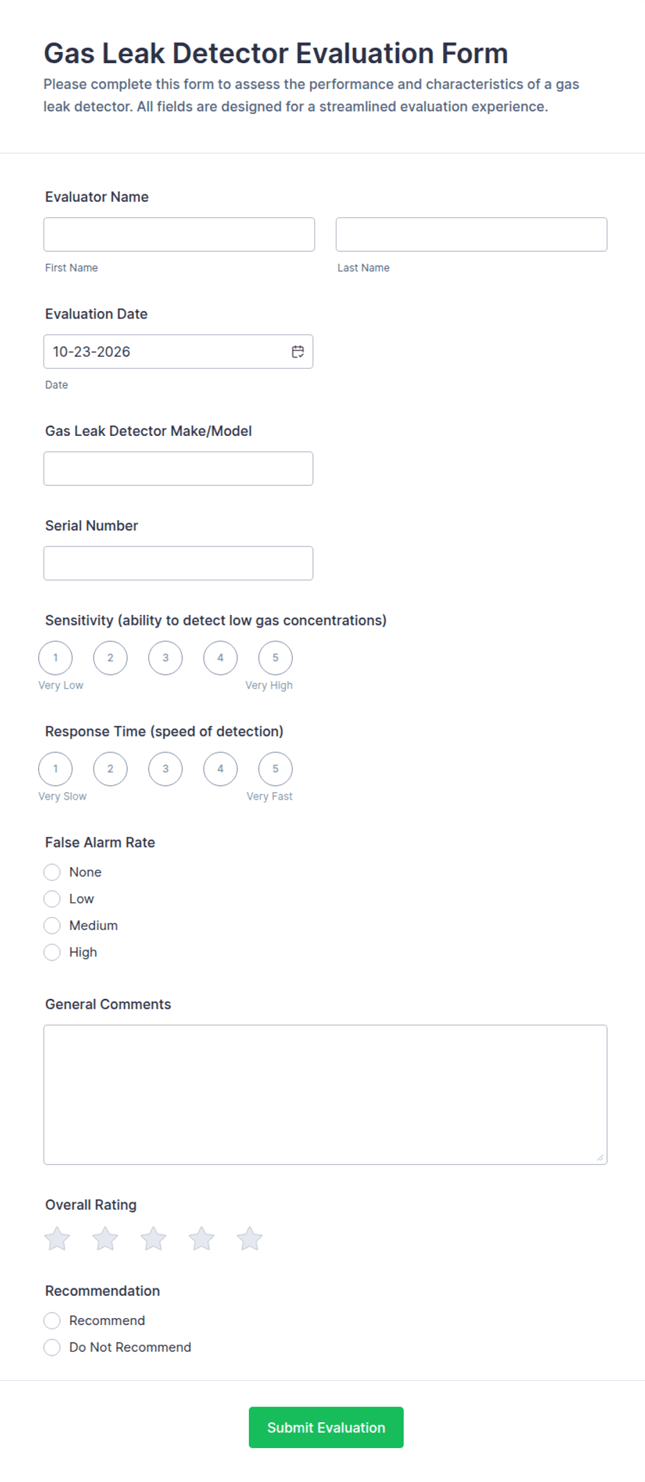 Gas Leak Detector Evaluation Form Template | Jotform