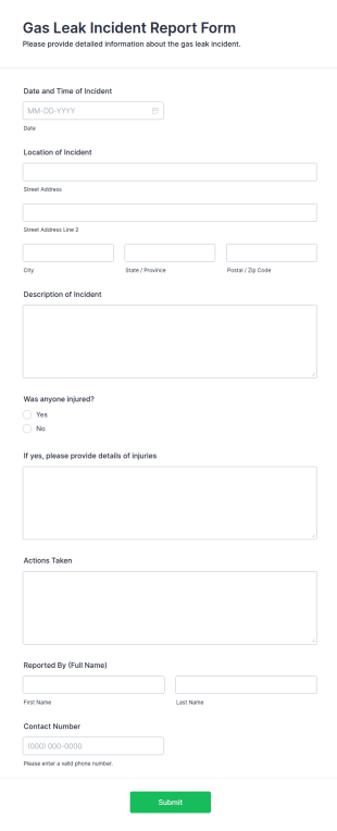 Gas Leak Incident Report Form Template