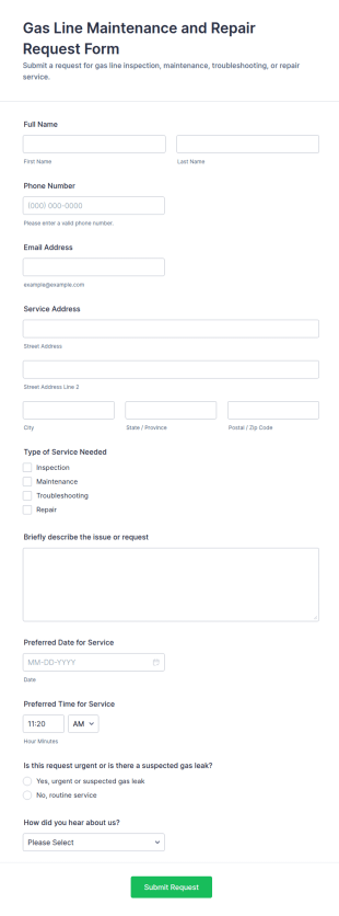 Gas Line Maintenance And Repair Request Form Template